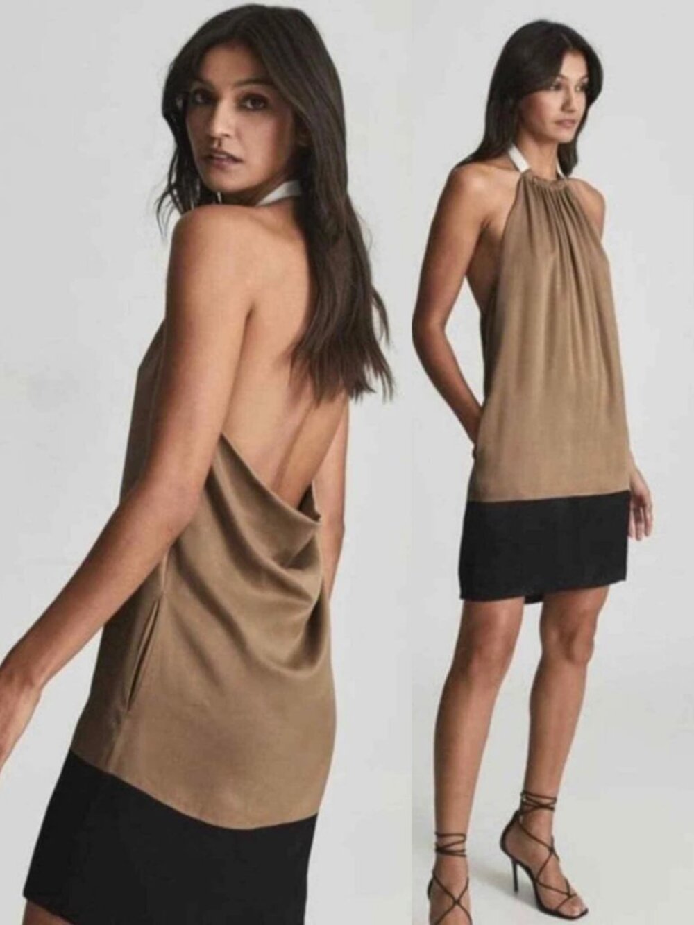 Reiss Pascal Drape Back Mini Elegant Tan and Black Halter Dress